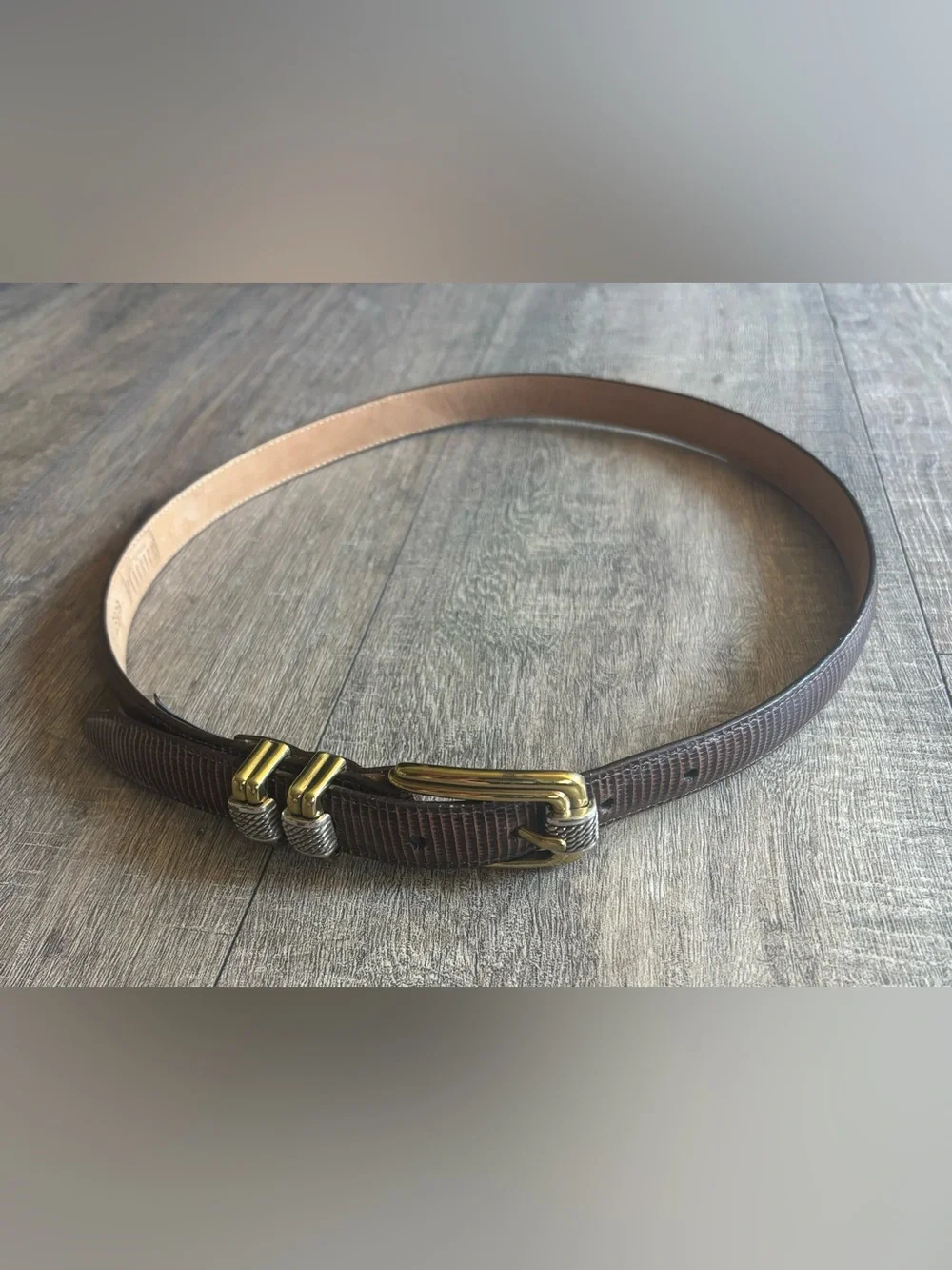 Brighton women’s size 34 brown reptile embossed texture and two-tone buckle belt